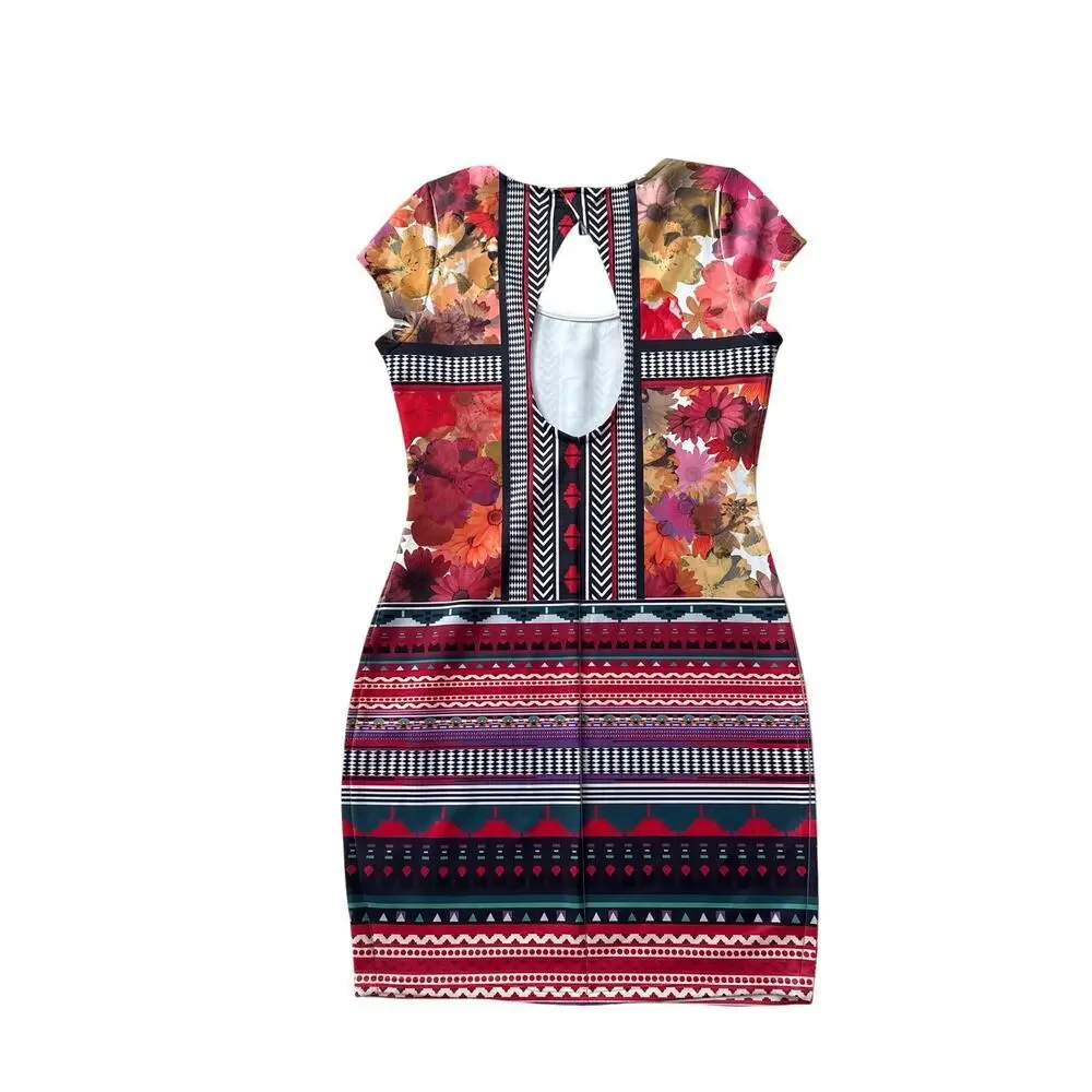 Tribal Aztec Floral Print Bodycon Cap Sleeve Mini Dress Size S/M Red Multicolor - Picture 3 of 3